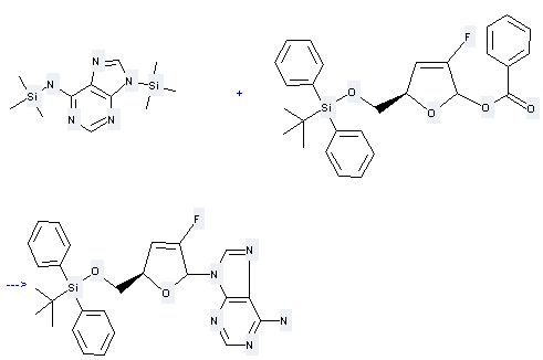 9H-Purin-6-amine,N,9-bis(trimethylsilyl)- can be used to produce 9-[5-(tert-butyl-diphenyl-silanyloxymethyl)-3-fluoro-2,5-dihydro-furan-2-yl]-9H-purin-6-ylamine at the ambient temperature